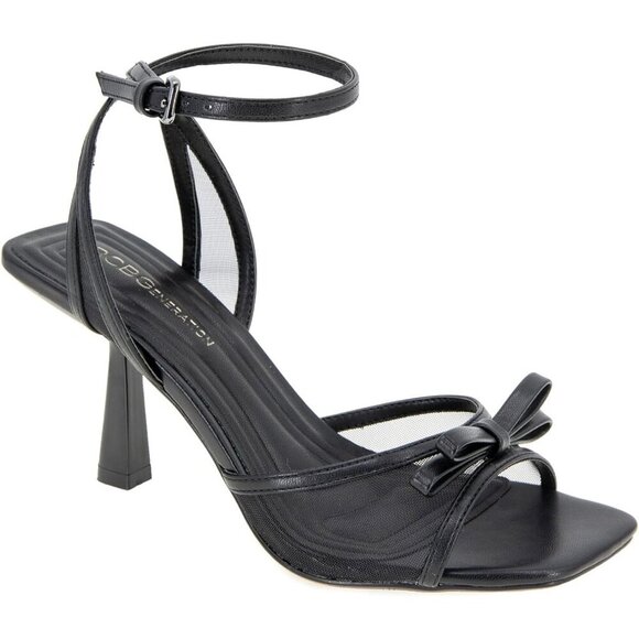 Shoes - Women's Black Buckle Rino Flared Padded Footbed Heeled Sandal Square Toe Shoes